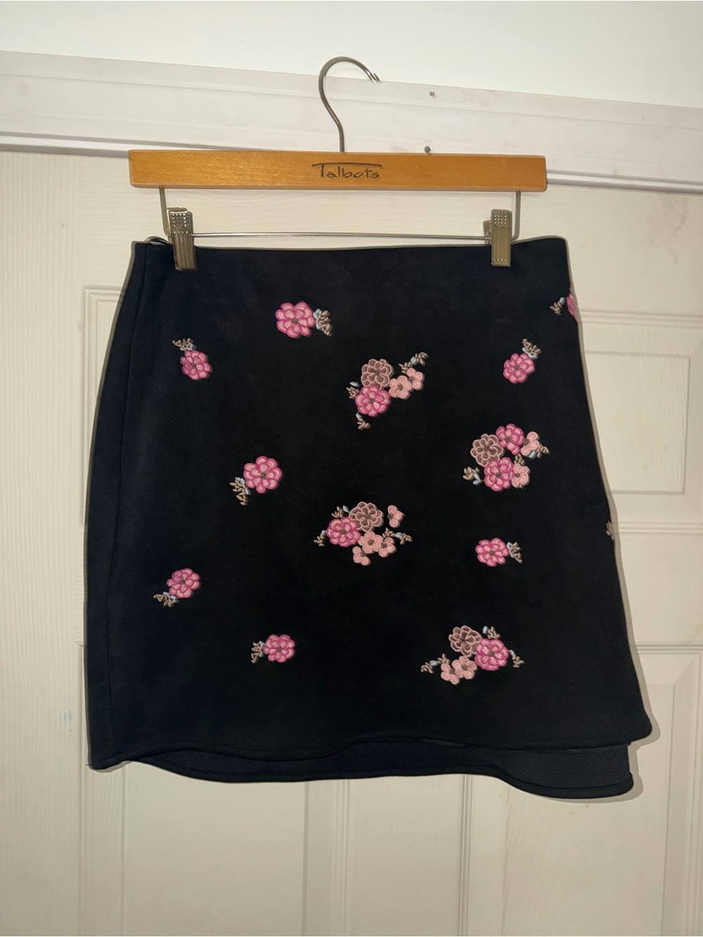 ARULA Black Mini Skirt with Pink Floral Embroidery